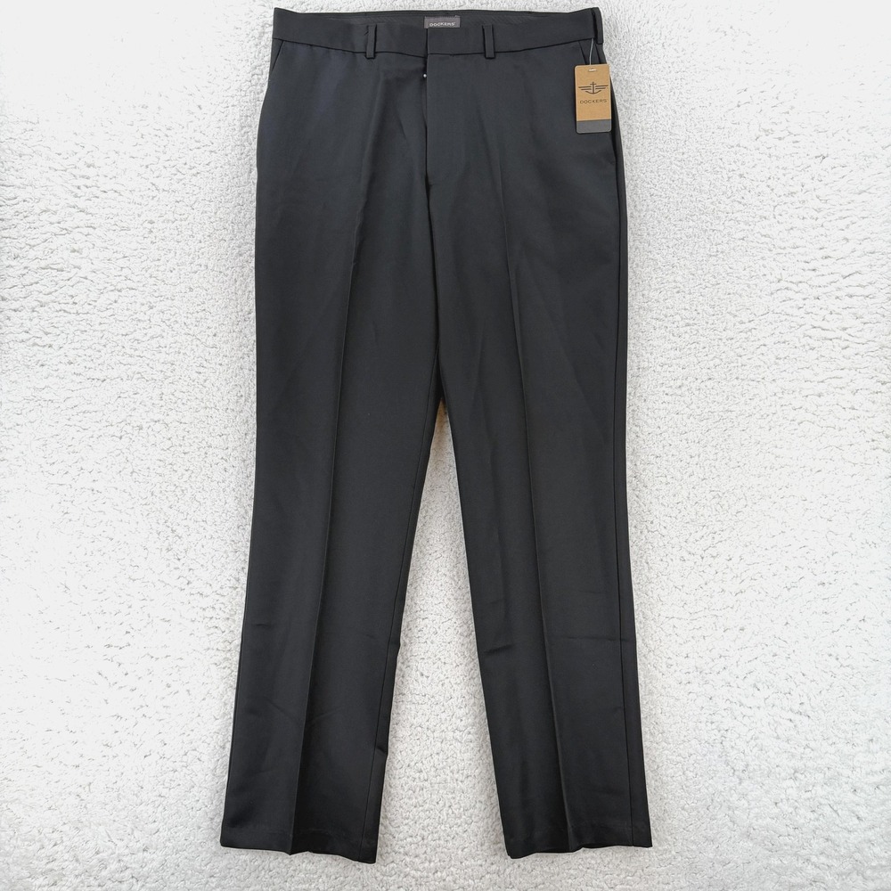 Dockers Dress Pants Mens 34x32 Black Regular Fit Microfiber Office Wear NWT